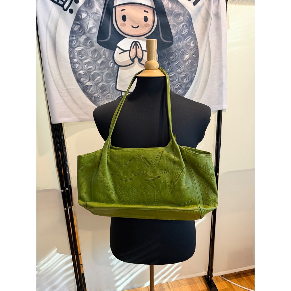 Gabriel S Leather Design Green Embossed Floral Shoulder Bag Tote Organizer